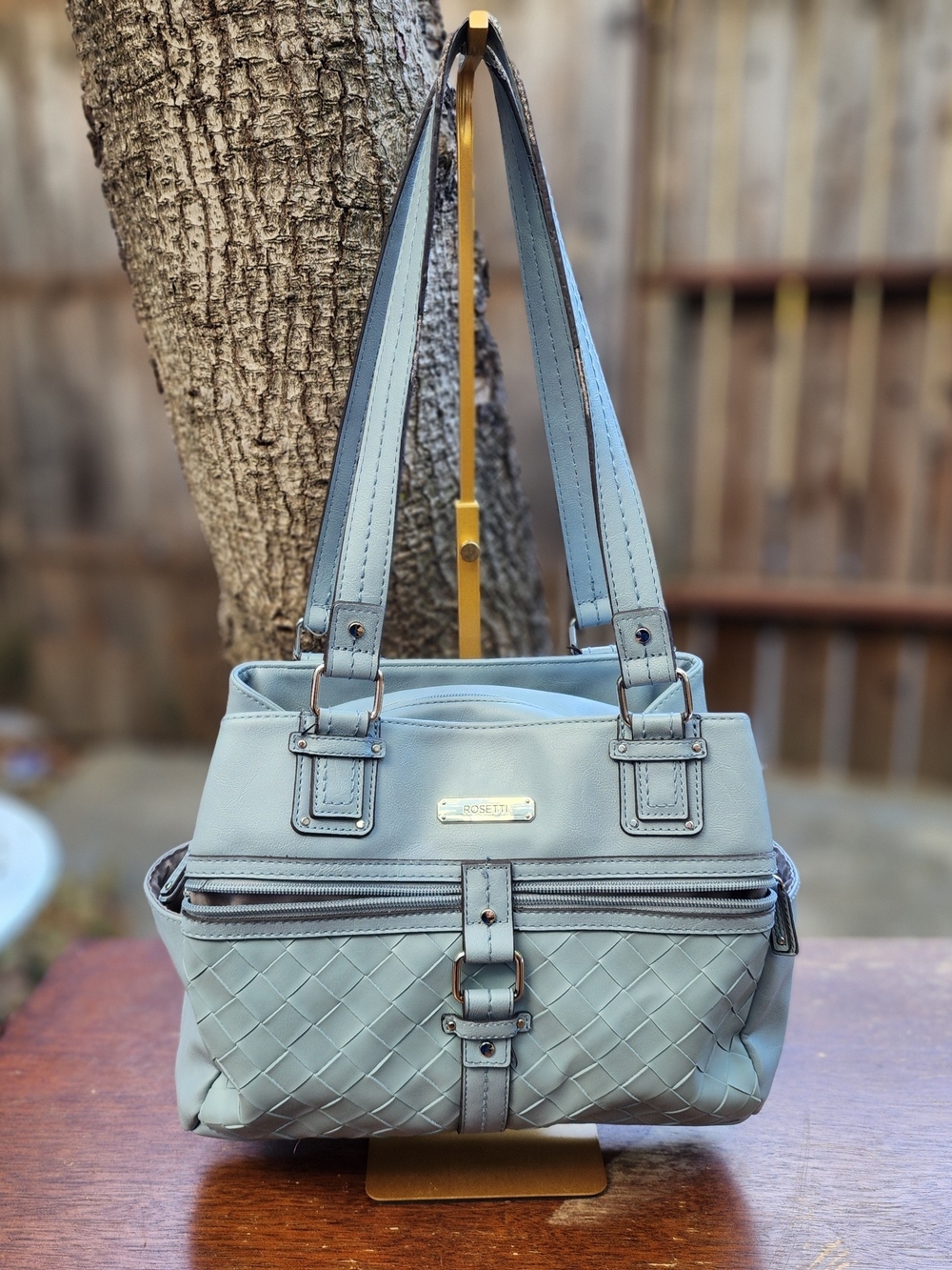 Rosetti Dusty Blue Shoulder Bag Woven Faux Leather Multi Pocket Purse Handbag